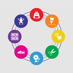 8 colorful round icons set included frog, lockers, shoe, school bell, scissors, magnifying glass, glue, backpack