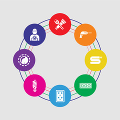 8 colorful round icons set included electrician, dimmer, light bulb, socket, socket, wires, driller, flashlight