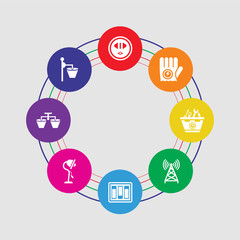 8 colorful round icons set included lamp, lamp, lamp, switch, antenna, toolbox, glove, socket
