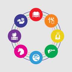 8 colorful round icons set included treasure map, book, unicorn, sherlock holmes, revolver, jesus, religion, open book