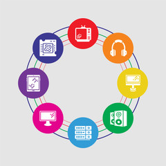 8 colorful round icons set included chip, tablet, television, server, speakers, monitor, headphones, television