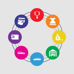8 colorful round icons set included payment method, wallet, car, limousine, garage, money, dress, necklace