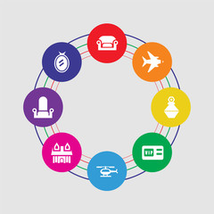 8 colorful round icons set included mirror, throne, cottage, helicopter, vip pass, perfume, airplane, armchair