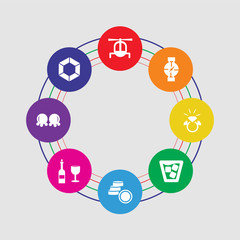 8 colorful round icons set included diamond, earrings, wine, coin, cocktail, diamond ring, watch, helicopter