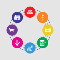 8 colorful round icons set included donkey, farm house, corn, field, well, fence, seed, straw bale