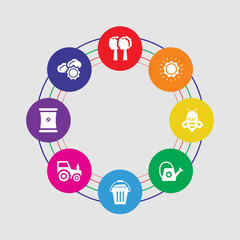 8 colorful round icons set included sunny, seed, tractor, cow, watering can, bee, sun, tree