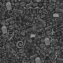 Cinema pattern with vector icons for wrapping paper, posters, backgrounds, tickets.