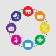 8 colorful round icons set included pay per click, hiring, coupon, cit card, network, strategy, briefcase, shop