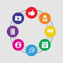 8 colorful round icons set included video player, testing, user, search, browser, money, spy, like