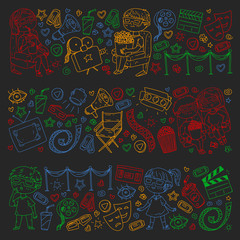 Vector pattern with cinema icons of movie theater, TV, popcorn, video clip.