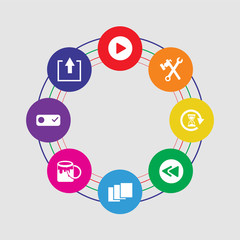 8 colorful round icons set included export, switch, paint, layer, rewind, waiting, settings, play