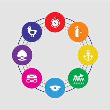 8 colorful round icons set included seagull, pearl, swimming glasses, captain, whale, anchor, oxygen tank, compass