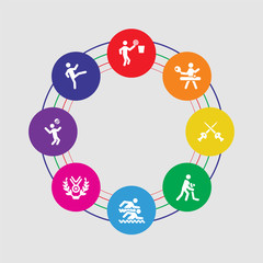 8 colorful round icons set included karate, football, medal, swimmers, hockey, fencing, pin pong, basketball