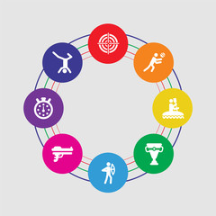 8 colorful round icons set included gymnast, chronometer, start gun, archery, chalice, kayak, volleyball, target