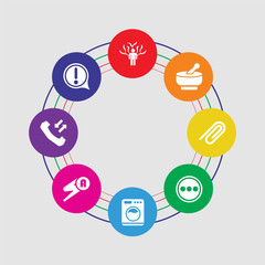 8 colorful round icons set included error message, incoming calls, automatic flash, washing machine with dots, circle menu, attach rotated, medicine mortar, man and tree