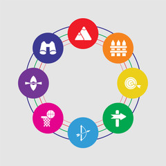 8 colorful round icons set included binoculars, kayak, basketball, archery,  , dartboard, fence, mountain