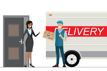 Cartoon beauty african american woman near door and deliveryman in uniform with parcel box.