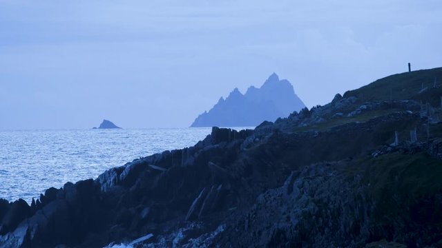 footage of the skellig islands off the coast of the ring of kerry in southern Ireland, a filming location for the star wars movies