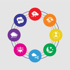 8 colorful round icons set included smog, rain, aurora, wind, bolt, compass, bolt, rain