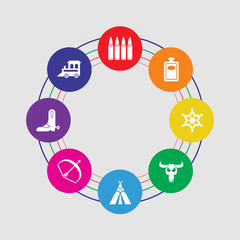 8 colorful round icons set included train, boot, bow, tipi, cattle skull, sheriff, whiskey, bullets