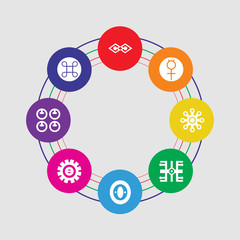 8 colorful round icons set included reconciliation, commitment, authority, gold, knowledge, gods shield, mercury, justice