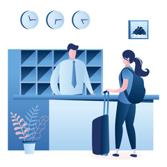 Hotel reception desk interior. Man receptionist talking with girl tourist. Female traveller with baggage and hotel worker in lobby