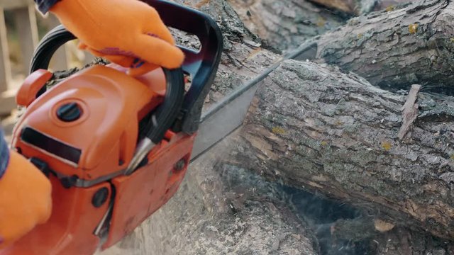 Lumberjack sawing a log a chainsaw lying on a heap, close-up