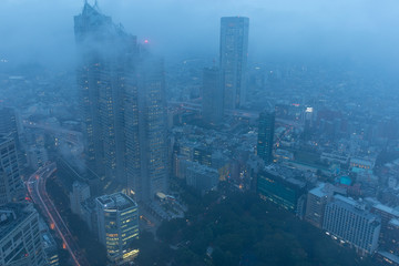 霧に包まれた夕暮れの東京。