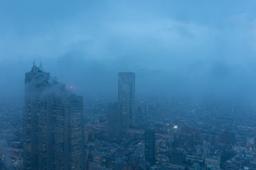 霧に包まれた夕暮れの東京。