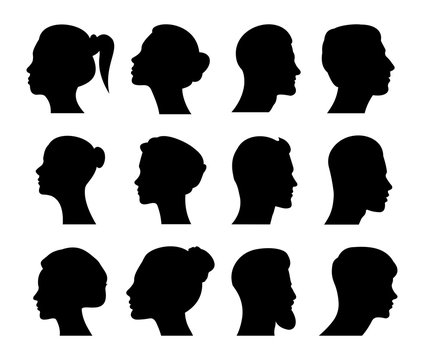 Profile of a male and female head. Vector avatar, profile icon, head silhouette. Vector graphic in flat style on a white background.