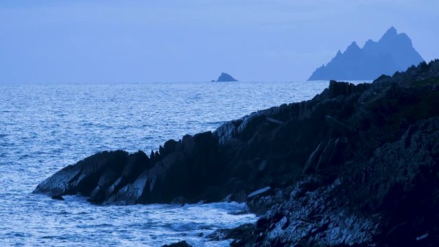 footage of the skellig islands off the coast of the ring of kerry in southern Ireland, a filming location for the star wars movies