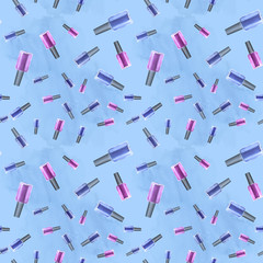 Watercolor seamless pattern with nail polish and tools. Hand drawn illustration.