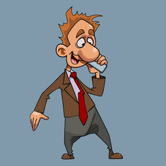cartoon joyful man in a suit with a tie talking on the phone