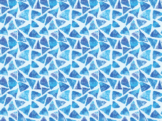 Seamless hand painted watercolor triangle torn paper cool freeze winter blue geometric stained-glass mosaic pattern background. Christmas winter frosty decor, gift wrapping paper, wallpaper, fabric.