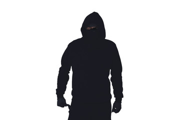 Criminal with crowbar isolated on white background. Robber in dark hoodie.