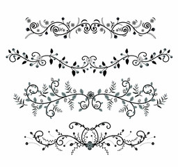 wreath design ornaments with flowers and hearts vectors. Branches with Ornaments vector. Doodle design elements. Decorative swirls dividers
