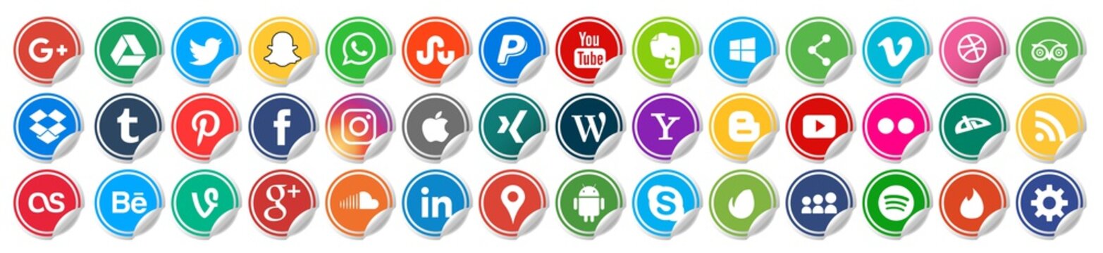 stickers Set of popular social media logos: Instagram, Facebook, Twitter, Youtube, WhatsApp, LinkedIn, Pinterest, Blogger and others