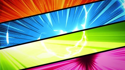 Comic Book Action Layout Background With Power Fx/ 4k animation of a powerful comics like page layout background with halftone dots and dynamic action speed sunbeams effects