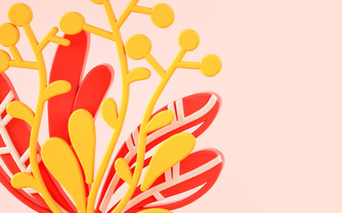 Plants and flowers composition in 3d illustration style. Orange and red colors.
