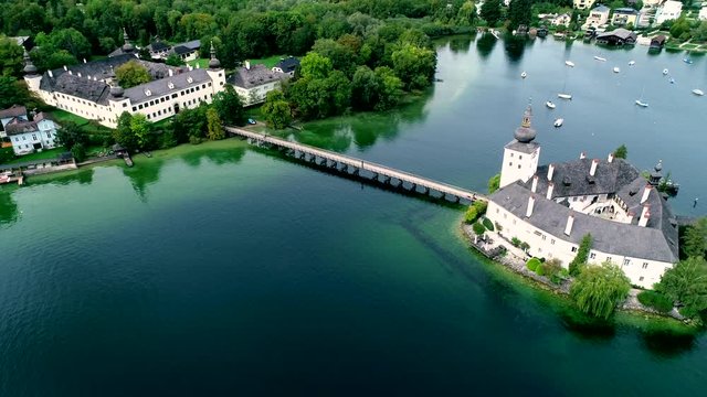 Aerial view of Gmunden Schloss with Traunsee lake in Austria