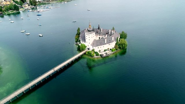 Aerial view of Gmunden Schloss with Traunsee lake in Austria