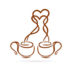 Doodle drink icon. Romantic two cups of coffee or tea with hearts. Hand drawing toast vector illustration.