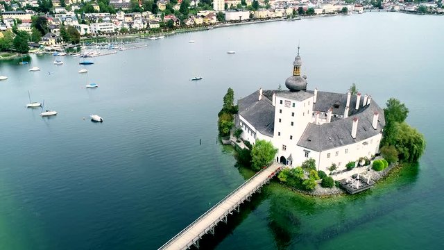 Aerial view of Gmunden Schloss with Traunsee lake in Austria