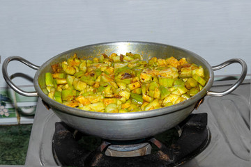 Chopped Ram Tori Vegetable Cook on Gas stove.