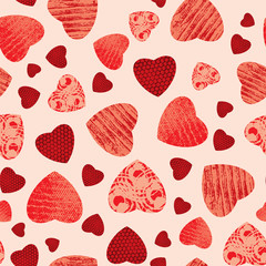 Bouncy heart pattern seamless background design print. Pink and red textured hearts vector illustration.