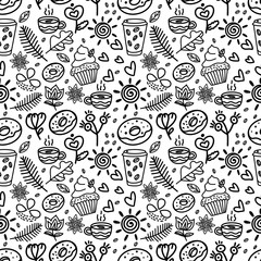 Autumn seamless pattern with line icons and white background. Cap cake, cap with coffee, cap with tea.