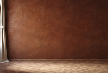 Empty home interior mock-up with old grunge brown wall,wooden floor and linen curtain, 3d render
