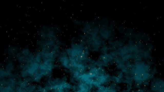Fire sparks flying with a blue smoke background animation 3D rendering
