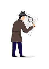 man in a coat and hat looking for fake news in a newspaper with a magnifier, isolated on a white background vertical vector illustration