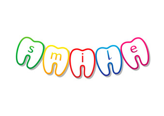 multicolored smile teeth symbol with smile word on them, isolated on a white background horizontal vector illustration